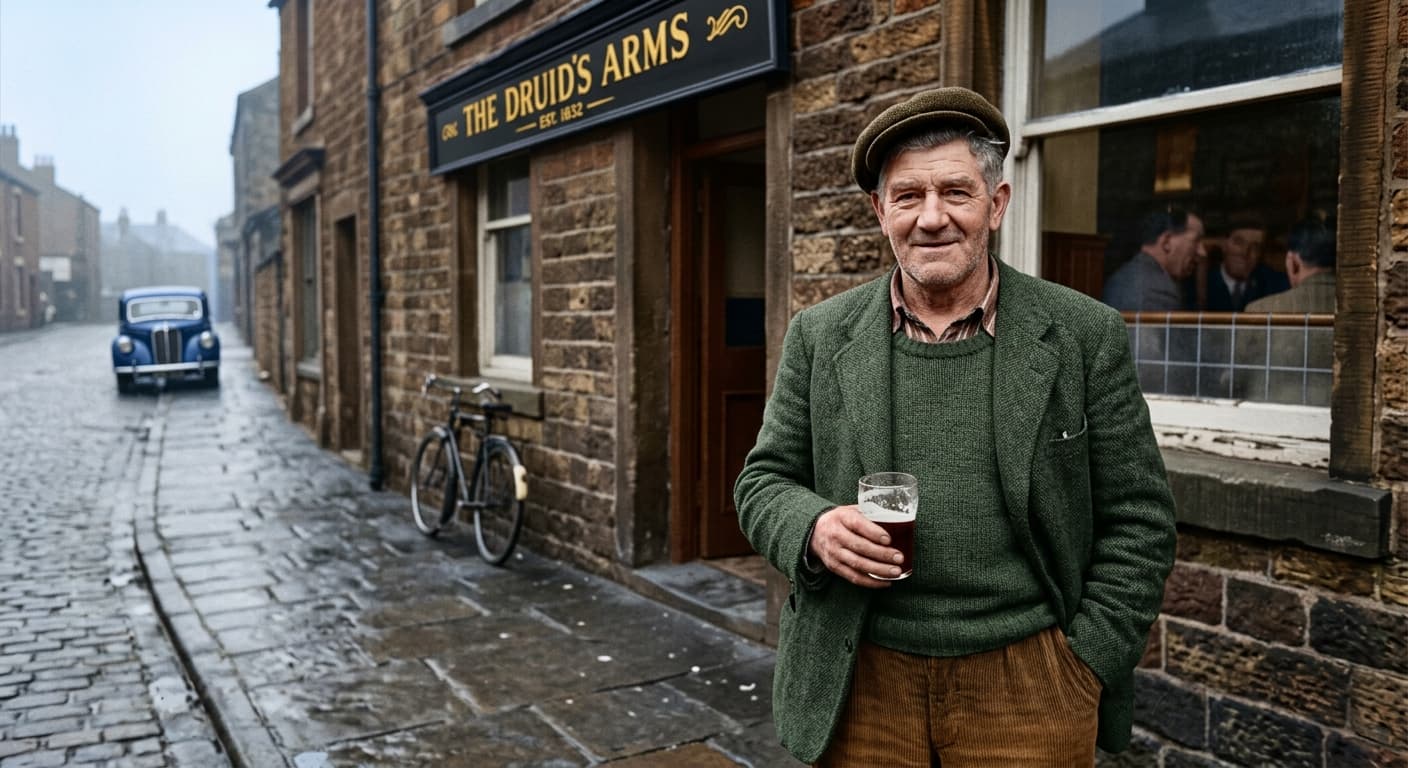 A man in a flat cap holding a pint outside the Druid's Arms, after repair and colouring