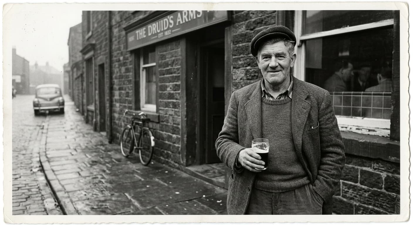 A man in a flat cap holding a pint outside the Druid's Arms, before repair